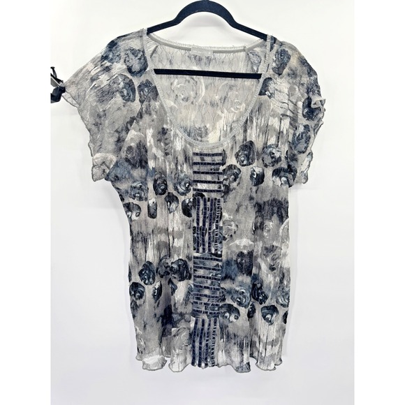 per una Tops - Per Una Gray Velvet Gauze Mesh Top 18 Italy Scoop Neck Stretch Mixed Media Boho